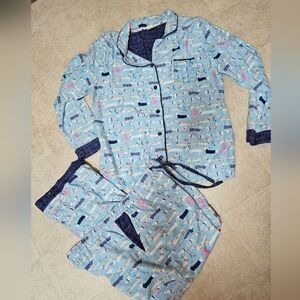 Munki Munki XXL Flannel Pajama Set Blue Dachshund Dog Print Button Up Fleece